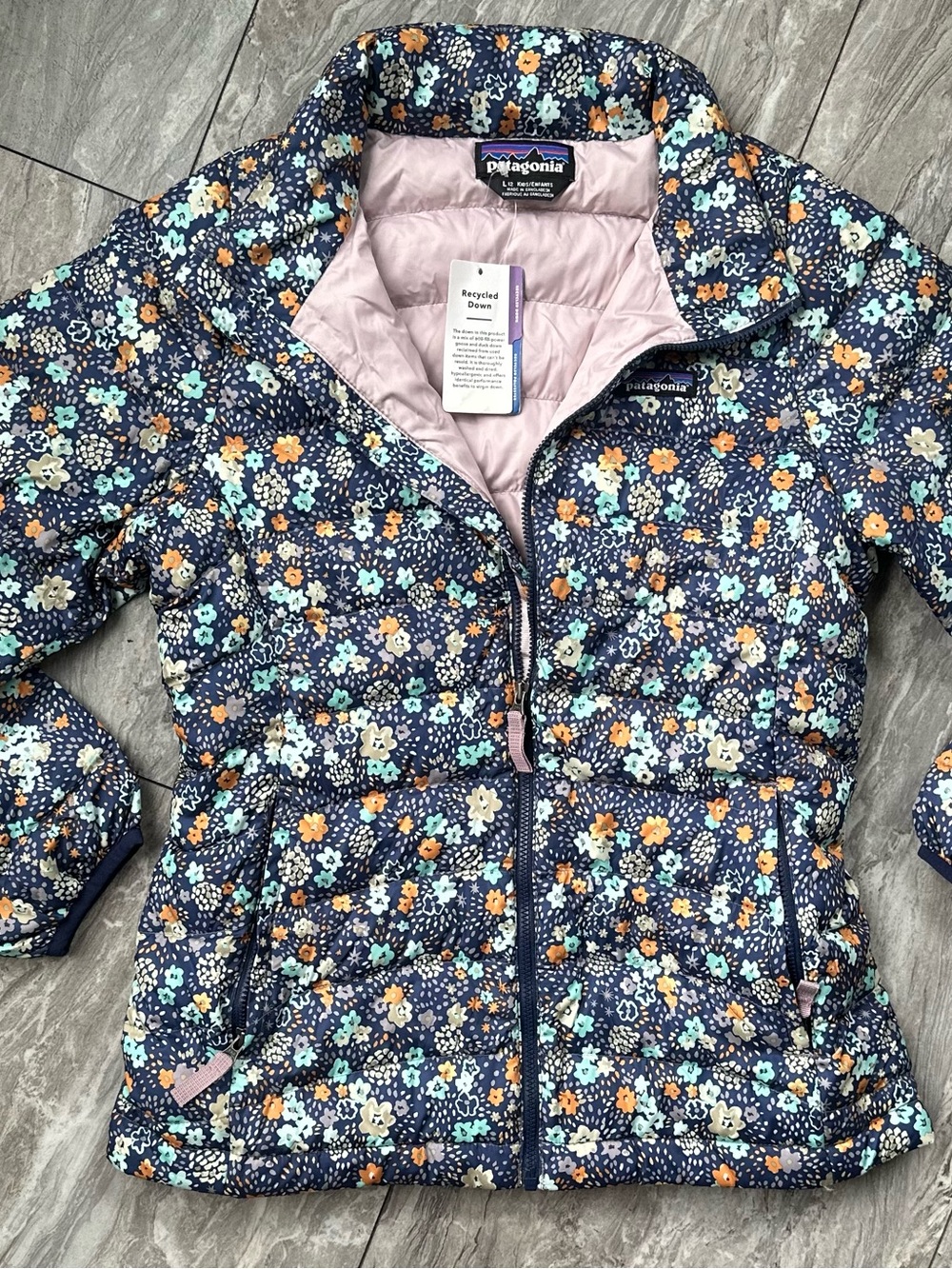 Pantagonia Girls Down Sweater Jacket L 12 Blue Floral 600 Fill Recycled Down